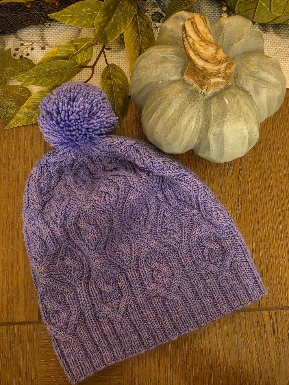 Womens Slouch Cable-Knit Pom Beanie - Violet